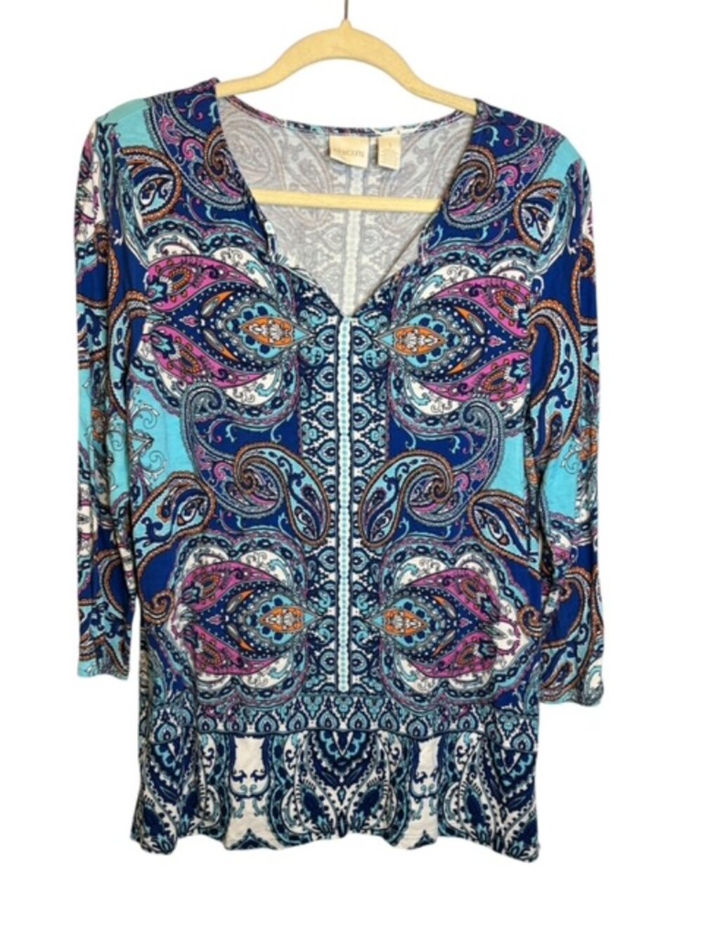 Chico's Blouse Women's Medium Abstract Paisley V-Neck Tunic 3/4 Sleeves Chicos 1